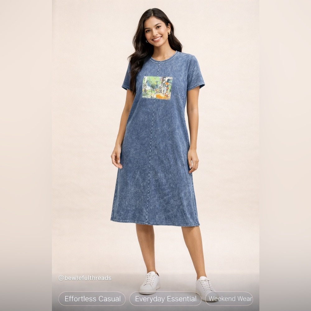 Michael Leu Art Street Scene Graphic T-Shirt Maxi Dress Blue Large
